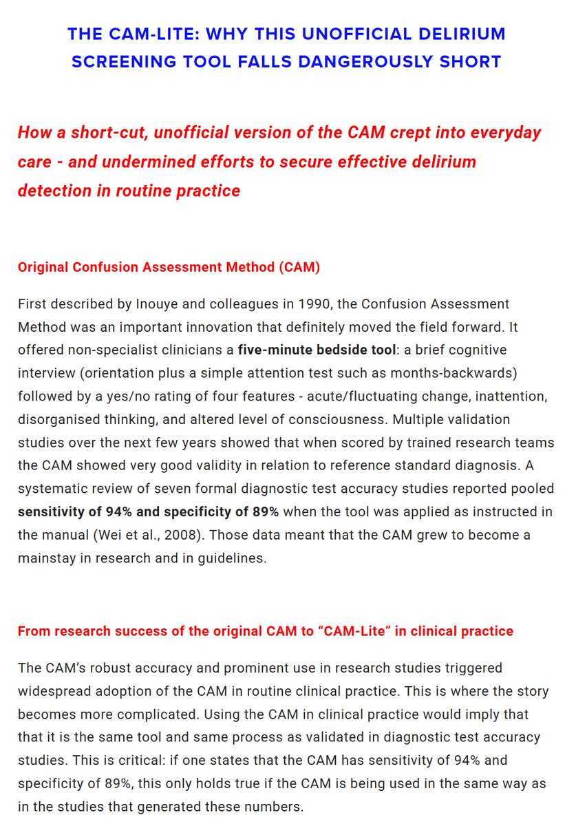 ☑️ The original CAM works 

‼️ But an unvalidated CAM variant - with no cognitive testing/interview - is widely used in clinical practice

⚠️ This 'CAM-Lite' has dangerously low sensitivity 

➡️ New blog on this critical issue in #delirium care

Link below⏬