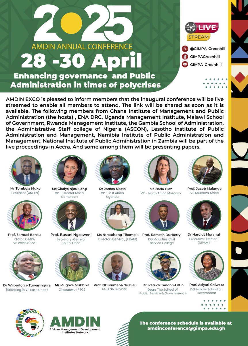 📣 1 DAY TO GO!

<a href="/AMDIN_/">AMDIN</a>  is dedicated to strengthening governance and public-sector capacity through knowledge exchange, shared curricula, peer-review and collaborative leadership development. 

Join us online for the 1st AMDIN Annual Conference. Hosted by <a href="/GIMPA_Greenhill/">GIMPA Official</a> 

📆