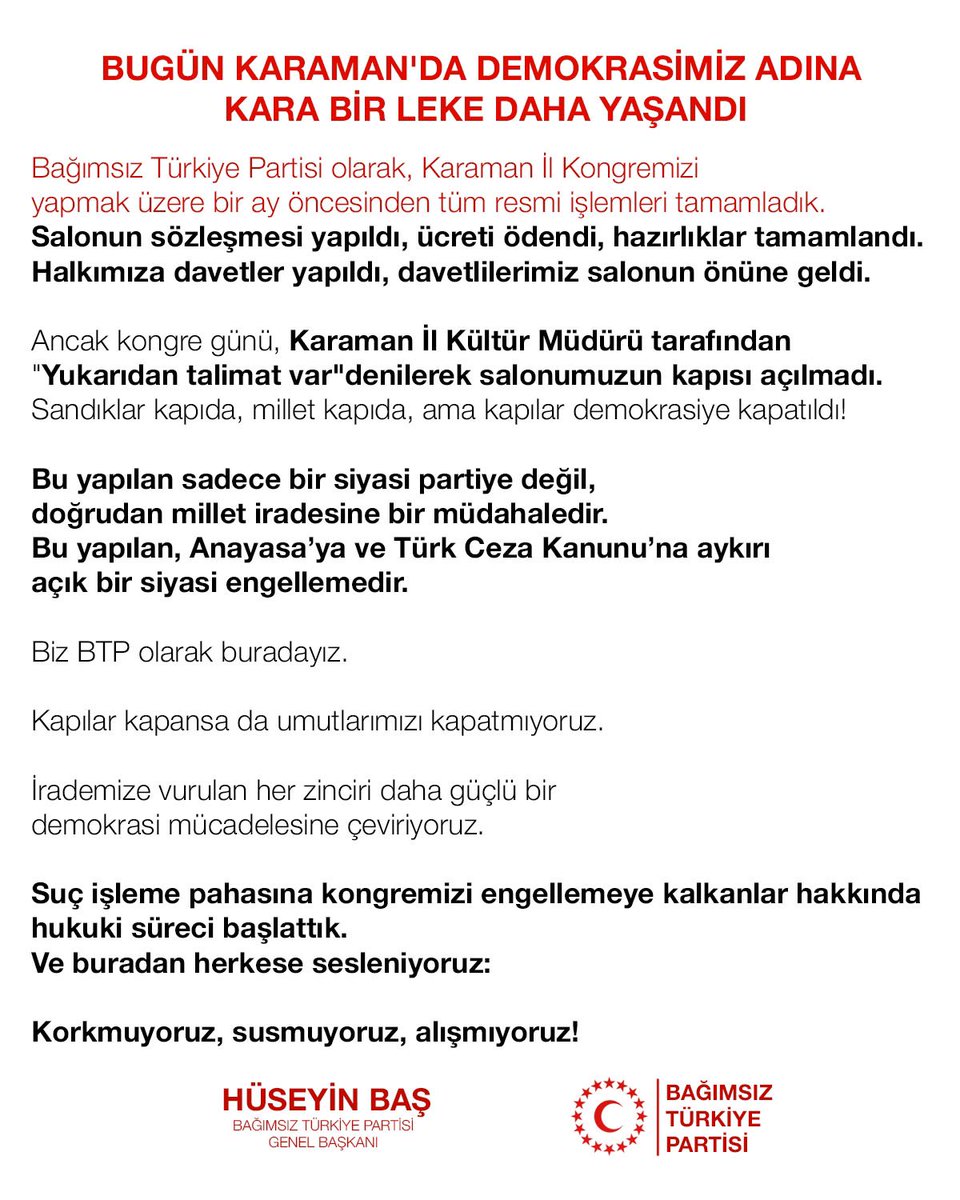 BTP_Parti's tweet photo. Karaman İl Kongremize “Yukarıdan talimat var” denilerek yapılan engellemeyi kabul etmiyoruz!

Korkmuyoruz, susmuyoruz, alışmıyoruz! https://t.co/G88lNQJbeA
