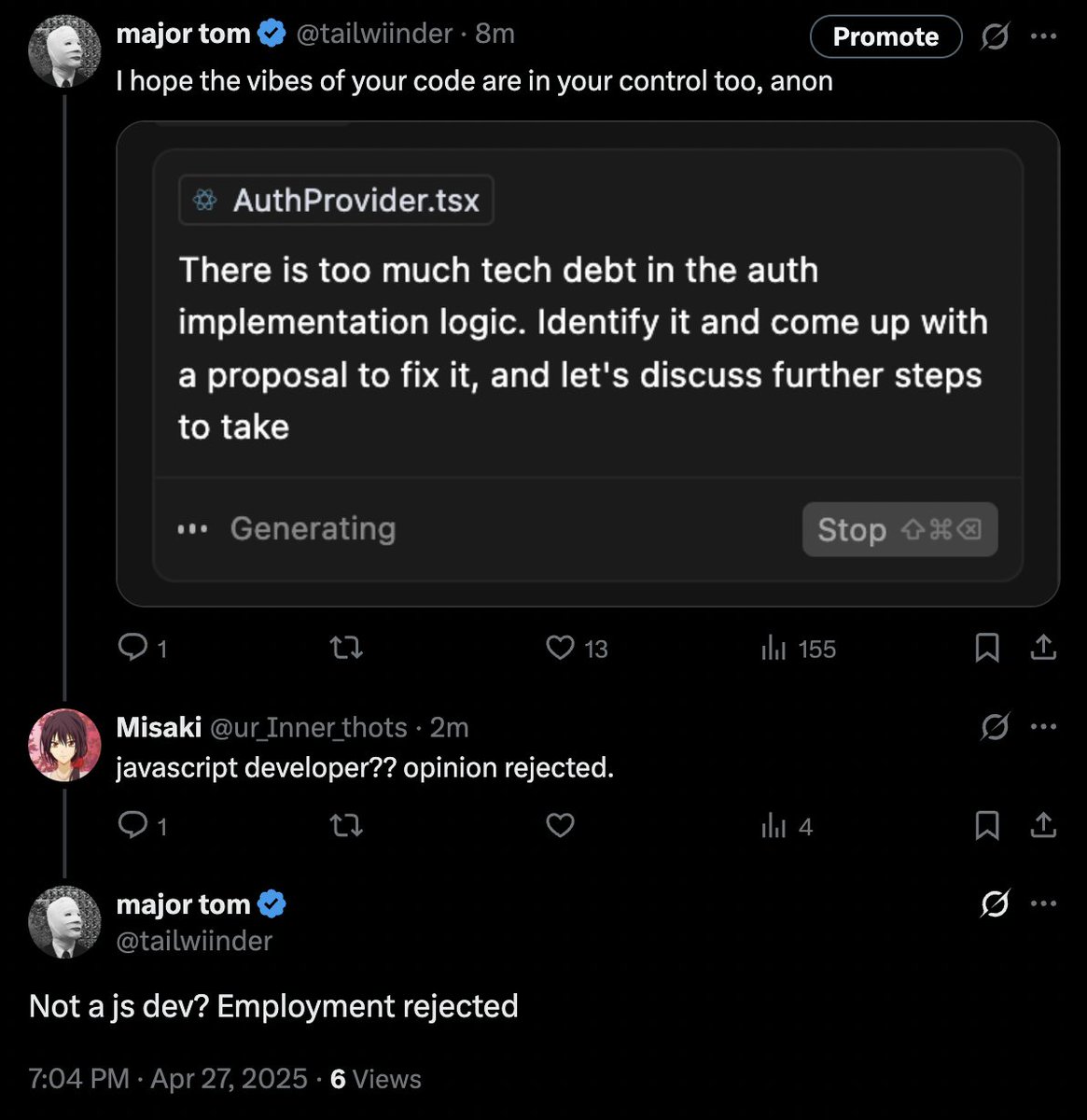 tailwiinder's tweet image. Sorry to all gigachad js hater techbros for not trying to make my family live in poverty