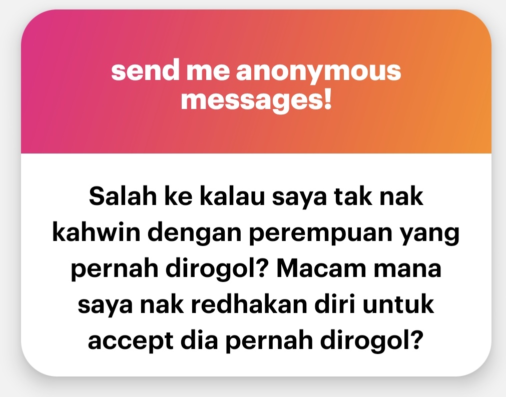 The_X_Guy's tweet photo. Kahwin dengan Perempuan Yang Pernah Dirogol

1. Kalau dia seorang yang solehah, baik agamanya; maka janganlah kamu menghukuminya hanya disebabkan masa lampaunya yang dia tidak mampu kawal.

2. Pun begitu, menjawab soalan kamu directly, bukanlah mesti kamu kahwin dengannya. https://t.co/OgrkokOdn8