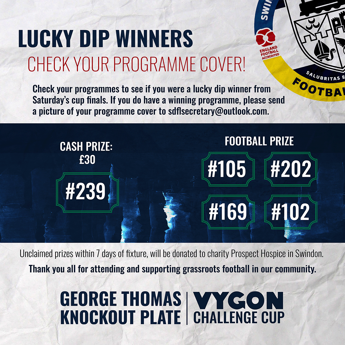 Lucky Dip winner? Check your programme! Unclaimed prizes will be donated to charity Prospect Hospice in Swindon.