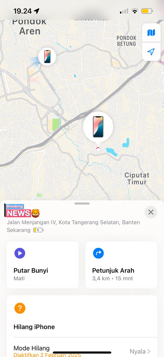 peminumyahud's tweet photo. hi guys, tolong bantuin aku ya. jadi bulan februari kmrn hpku ilang di sekitaran Bintaro Sektor 5, udh hopeless bngt.
trus malem ini jam 19.18 ini find my nyala dong, hpnya aktif lagii masih sekitaran Tangsel.
HELP please warga Ciputat dan sekitarnyaaaa https://t.co/pOEKCDX6eI