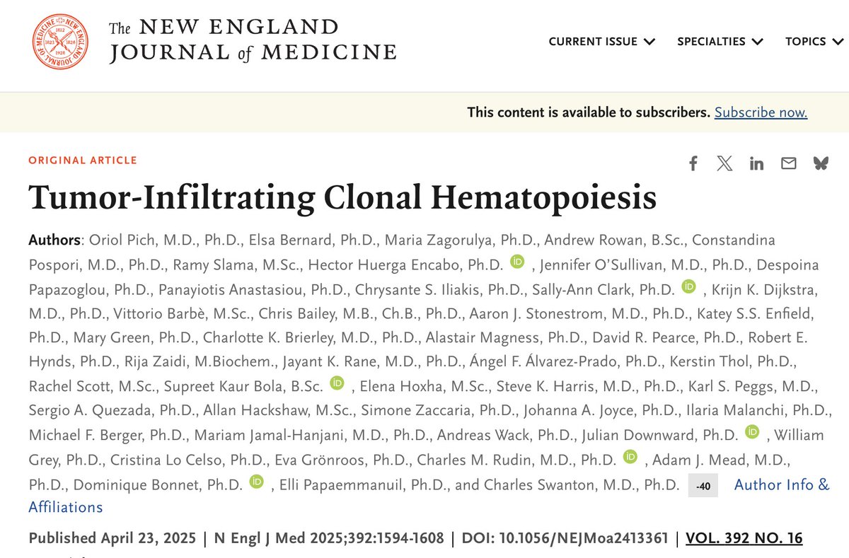 Congrats to Charles Swanton and team! 🎉
Tumor-Infiltrating Clonal Hematopoiesis isn’t just a passenger—it fuels cancer’s fire.
↗️Recurrence &amp; death risk in NSCLC
➡️Rewires the tumor immune landscape
🩸🧬Aging blood, shaping cancer’s path.
#Oncology #Cancer #Research  #LungCancer