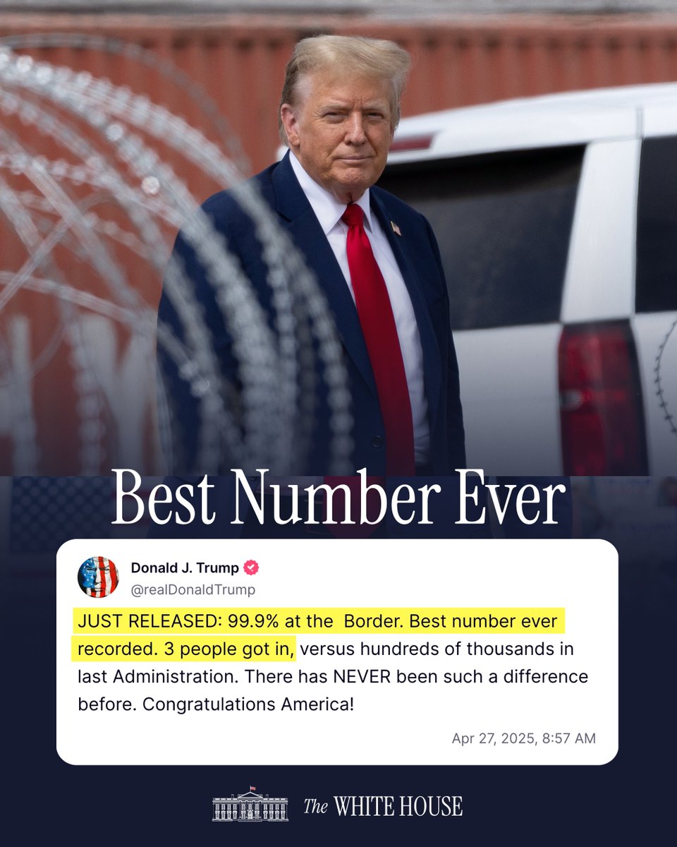 WhiteHouse's tweet image. "JUST RELEASED: 99.9% at the Border. Best number ever recorded. 3 people got in, versus hundreds of thousands in last Administration. There has NEVER been such a difference before. Congratulations America!" –President Donald J. Trump 🇺🇸