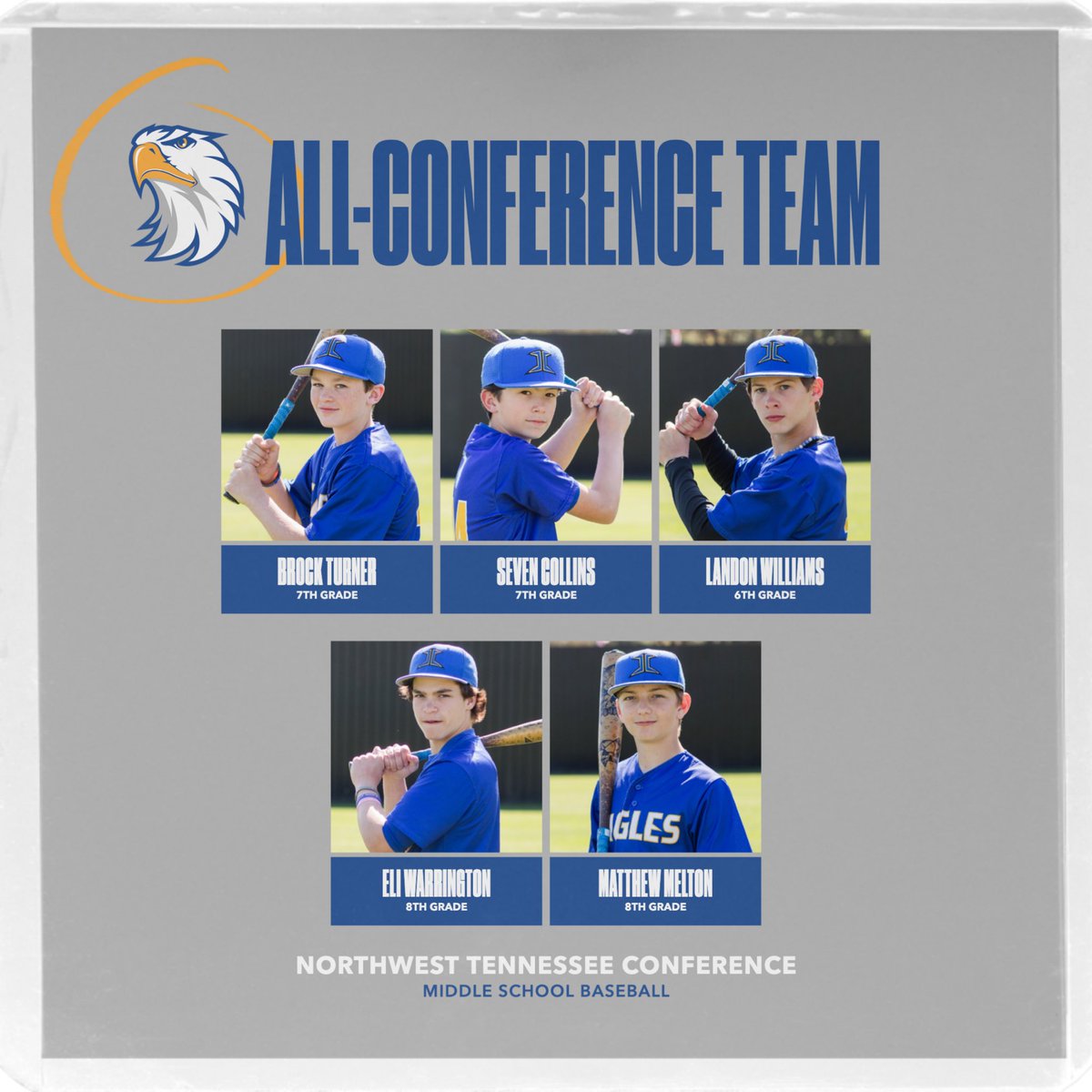 Congratulations to Brock Turner, Seven Collins, Landon Williams, Eli Warrington and Matthew Melton on being named to the Northwest Tennessee Middle School All-Conference Team!
