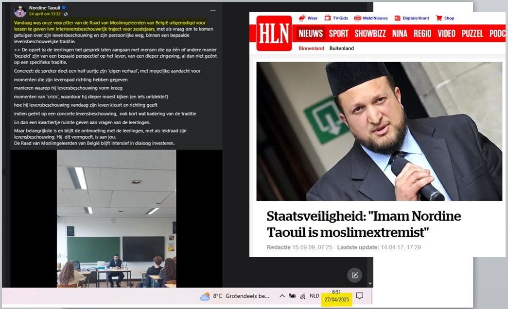 Voor degene die het maar niet wilt geloven... De recente video van de koranreciterende radicale imam Nordine Taouil in het klasje met Vlaamse leerlingen is gepost door de moslimextremist "himself" op facebook!