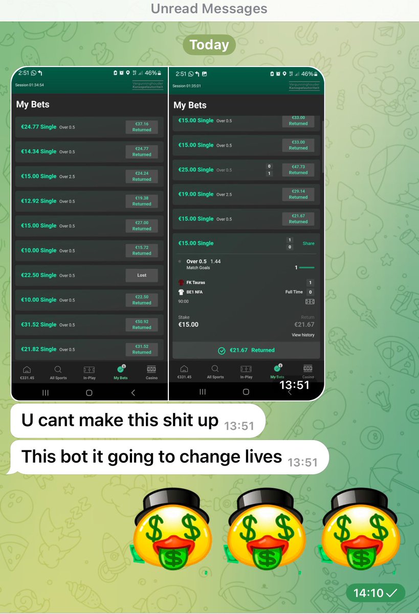 Members cleaning up! 🔥🔥🔥

Over 1500 members now taking advantage of this edge we have over the bookies! 

High tech software which predicts certain outcomes inplay. Come and check it out on the link below 👇🏻👇🏻

t.me/+1MUeq6OTtIk1M…