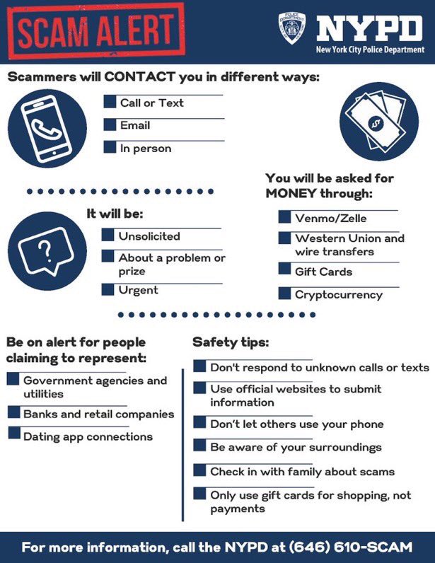 SwagLago's tweet image. Scammers are constantly finding new ways to steal your money. Check out this tip about one common scam. And, if you think you've been the victim of a scam, call 646-610-SCAM.