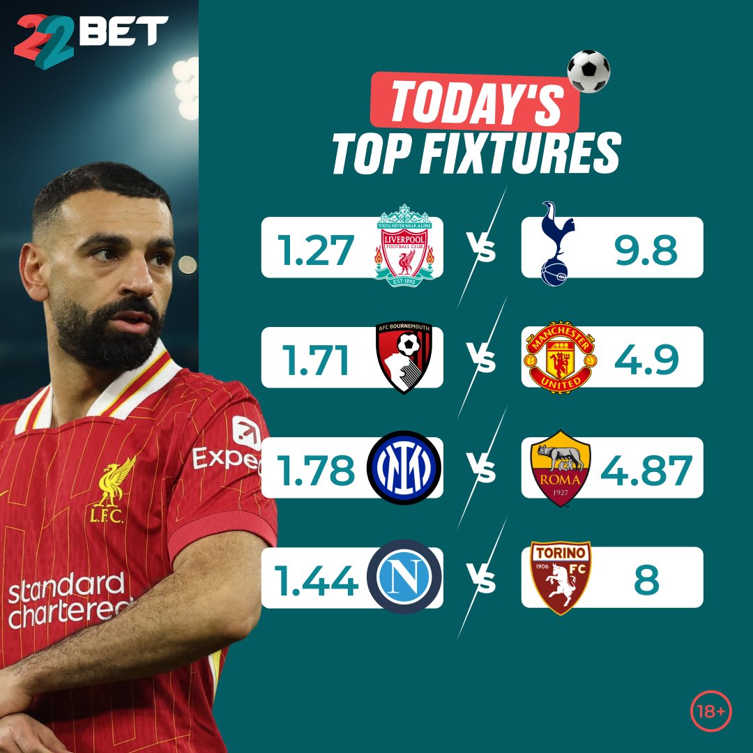 ⚽ Big games. Bigger history on the line. 🔥

Today's fixtures are packed, but Liverpool vs Tottenham steals the spotlight! 🔴🏆
 Just one point — that’s all Liverpool needs to be crowned champions! 👑🔥
 Will Anfield erupt or will Spurs spoil the party? 👀🏟️

👉 Bet smart, bet