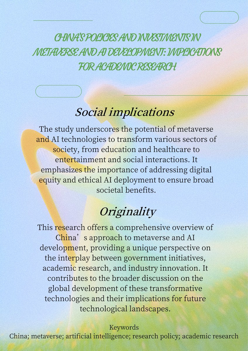 🌐China is leading in the metaverse and AI through innovative government initiatives, significant investments, and groundbreaking research, driving remarkable global tech progress despite challenges.#AI #Metaverse #TechInnovation From OMGC Vol. 4, Issue 1: doi.org/10.1515/omgc-2…