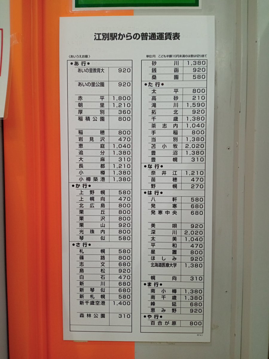 函館本線江別駅 令和7年4月1日改正の運賃表と令和7年3月15日