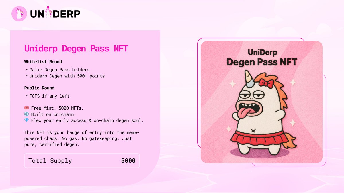 UniDerp (@uniderpfun) on Twitter photo 🚀 Uniderp Degen Pass NFT Whitelist Registration Open
🔗 <a href="/GalxeQuest/">Galxe Quest</a> here: app.galxe.com/quest/ianrYZSP…
Criteria:
✅ Complete social tasks
✅ Hold a Galxe Uniderp Degen Badge or 500+ Uniderp Points
Rewards:
✅ Whitelist for free mint
Let’s paint the space pink with @Unichain💖 🚀 Uniderp Degen Pass NFT Whitelist Registration Open
🔗 <a href="/GalxeQuest/">Galxe Quest</a> here: app.galxe.com/quest/ianrYZSP…
Criteria:
✅ Complete social tasks
✅ Hold a Galxe Uniderp Degen Badge or 500+ Uniderp Points
Rewards:
✅ Whitelist for free mint
Let’s paint the space pink with @Unichain💖