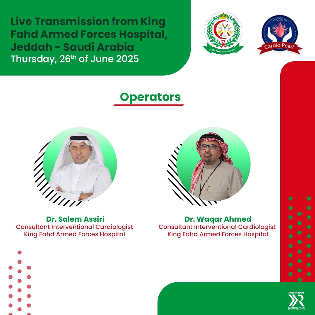 KFAFHCards (@kfafhcards) on Twitter photo King Fahd Armed Forces Hospital Catheterization Laboratory is preparing for a series of live transmissions
May 3️⃣
<a href="/SCAI/">SCAI</a> Washington DC 🇺🇸
May 2️⃣3️⃣
#EuroPCR <a href="/PCRonline/">PCRonline 🫀</a> Paris 🇫🇷
June 2️⃣6️⃣
#CardioPearl Cairo 🇪🇬
<a href="/fayezbaraah/">Fayez Baraah</a> <a href="/drptca/">Khaled AlShaibi</a> <a href="/mirvatalasnag/">MIЯVΛƬ #IC</a> <a href="/wagarhabib/">wagar ahmed د. وقار حبيب</a> <a href="/assiri99/">Salem Assiri, MD, FACC</a> <a href="/Sultanotb/">Sultan Alotaibi</a> King Fahd Armed Forces Hospital Catheterization Laboratory is preparing for a series of live transmissions
May 3️⃣
<a href="/SCAI/">SCAI</a> Washington DC 🇺🇸
May 2️⃣3️⃣
#EuroPCR <a href="/PCRonline/">PCRonline 🫀</a> Paris 🇫🇷
June 2️⃣6️⃣
#CardioPearl Cairo 🇪🇬
<a href="/fayezbaraah/">Fayez Baraah</a> <a href="/drptca/">Khaled AlShaibi</a> <a href="/mirvatalasnag/">MIЯVΛƬ #IC</a> <a href="/wagarhabib/">wagar ahmed د. وقار حبيب</a> <a href="/assiri99/">Salem Assiri, MD, FACC</a> <a href="/Sultanotb/">Sultan Alotaibi</a>