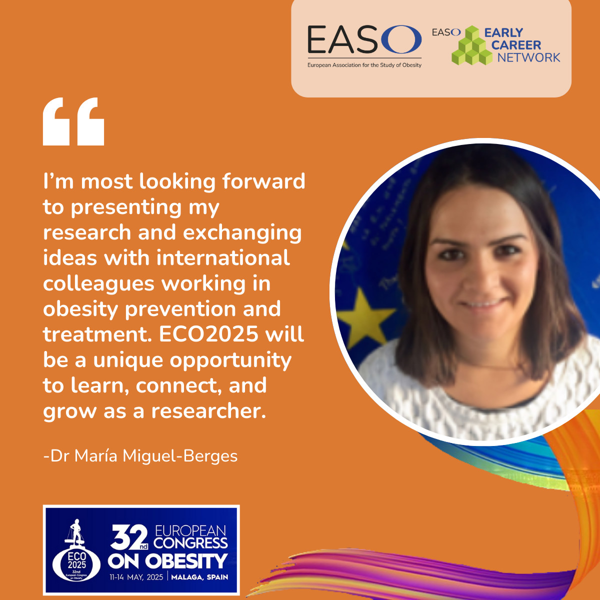 ECN member &amp; EASO Travel Grant recipient Dr María Miguel-Berges looks forward to presenting her research at #ECO2025 ➡️ Poster Session: Impact of Three Dietary Strategies on Weight Loss, Metabolic Health, and Inflammatory Parameters in Overweight or Obese Adults: A Pilot Study