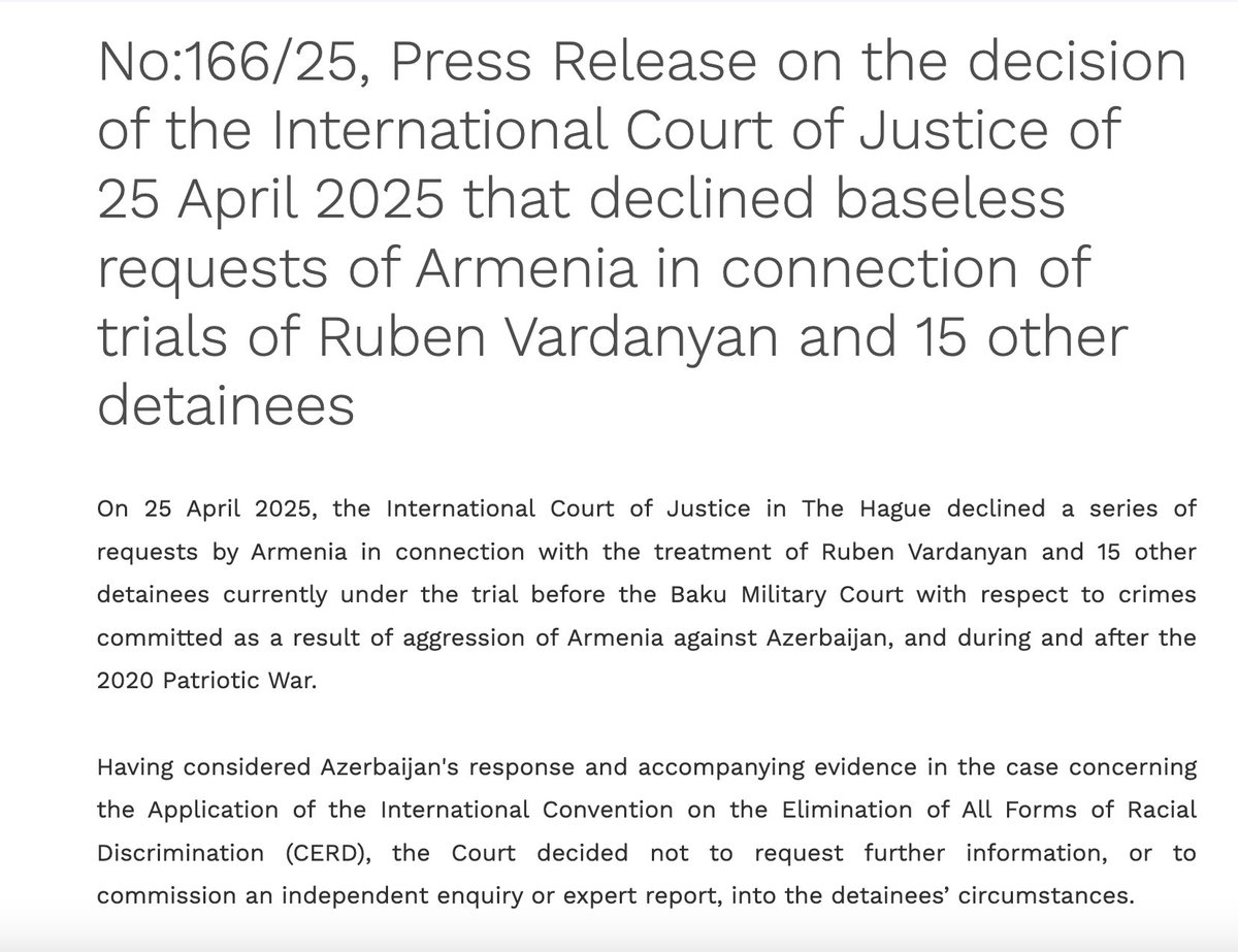Curious press release from Azerbaijan, particularly given no information on Armenia requests regarding detainees on trial appears on the #ICJ’s website.