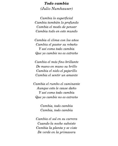 "Y así como todo cambia
que yo cambie no es extraño"
Julio Numhauser y la inolvidable versión de Mercedes Sosa.