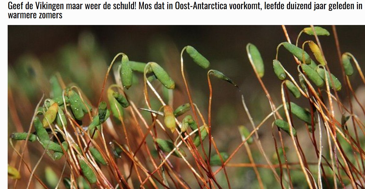 Wetenschappers vinden restanten van een groene mos soort 10 meter onder het ijs van Antarctica. Mos dat enkel kan leven in een warme omgeving. Mos is ongeveer 1000 jr oud. Beste bewijs dat de Middeleeuwse opwarming wereldwijd heeft plaatsgevonden. Iets dat klimaat extremisten