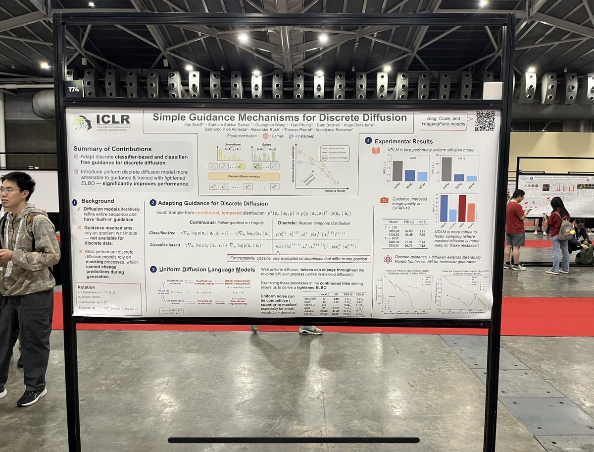 Volodymyr Kuleshov 🇺🇦 (@volokuleshov) on Twitter photo If you’re at #iclr2025, you should catch Cornell PhD student <a href="/SchiffYair/">Yair Schiff</a>—check out his new paper that derives classifier-based and classifier-free guidance for discrete diffusion models. If you’re at #iclr2025, you should catch Cornell PhD student <a href="/SchiffYair/">Yair Schiff</a>—check out his new paper that derives classifier-based and classifier-free guidance for discrete diffusion models.