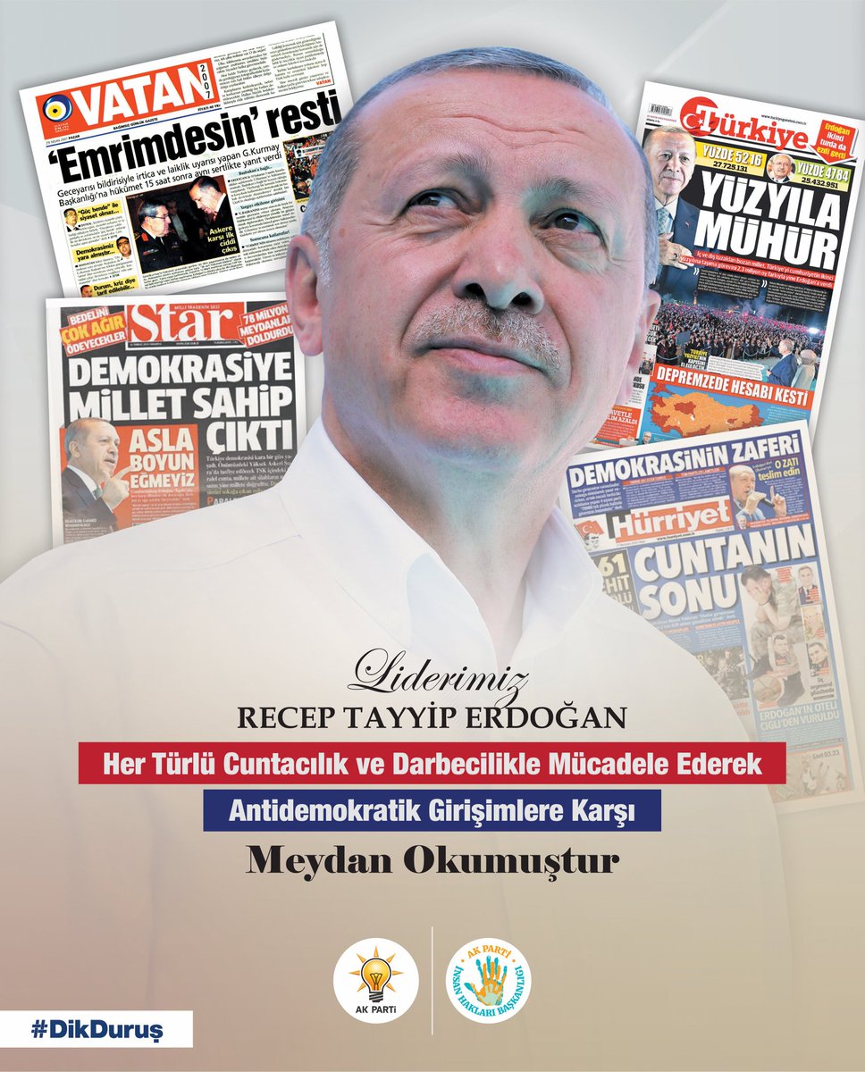 Hüseyin Yelkenci (@hayelkencitr) on Twitter photo Liderimiz, Başkomutanımız <a href="/RTErdogan/">Recep Tayyip Erdoğan</a>, #DikDuruş'unu sergileyerek 27 Nisan bildirisini bertaraf ettiği gibi, her türlü cuntacılık ve darbecilikle de mücadele ederek ülkenin aydınlık günlere gelmesine imza atmıştır. #RecepTayyipErdoğan Liderimiz, Başkomutanımız <a href="/RTErdogan/">Recep Tayyip Erdoğan</a>, #DikDuruş'unu sergileyerek 27 Nisan bildirisini bertaraf ettiği gibi, her türlü cuntacılık ve darbecilikle de mücadele ederek ülkenin aydınlık günlere gelmesine imza atmıştır. #RecepTayyipErdoğan