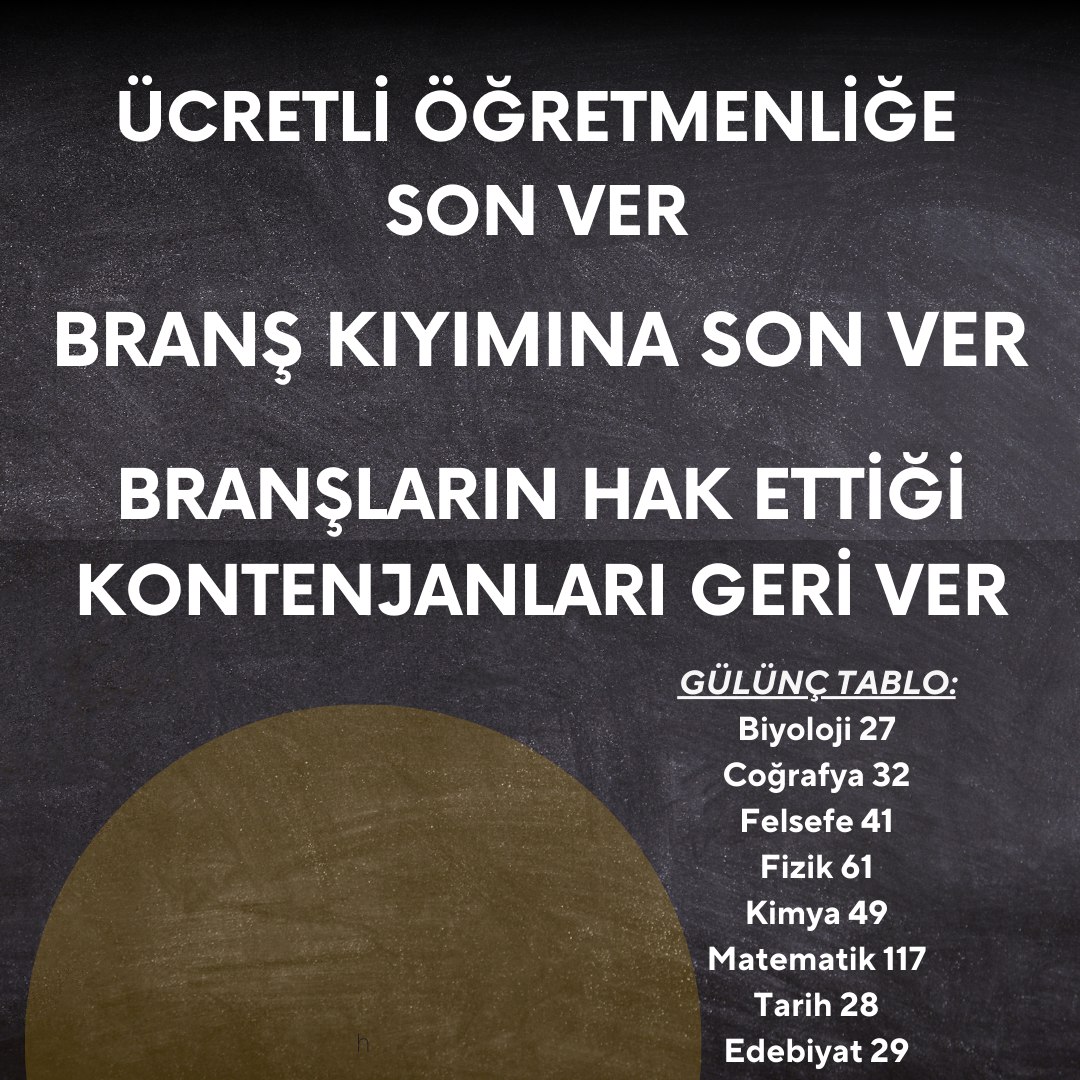 Öğretmen adaylarının umutları her atama döneminde kırılıyor. Az kontenjan, haksız dağılım! Branşlar arası adalet sağlanmalı, sınıflar öğretmensiz kalmamalı!
<a href="/tcmeb/">Millî Eğitim Bakanlığı</a>
<a href="/Akparti/">AK Parti</a>
<a href="/tcbestepe/">T.C. Cumhurbaşkanlığı</a>
<a href="/RTErdogan/">Recep Tayyip Erdoğan</a>
<a href="/Yusuf__Tekin/">Yusuf Tekin</a>
<a href="/EmineErdogan/">Emine Erdoğan</a>
<a href="/dbdevletbahceli/">Devlet Bahçeli</a>
#ÖğretmenUlustaEkAtamaNerede