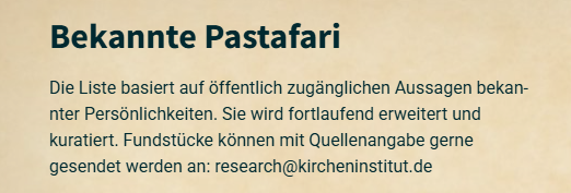 Bekannte Pastafari: Fundstücke können mit Quellenangabe gerne gesendet werden an research@kircheninstitut.de
kircheninstitut.de/2025/04/17/bek…