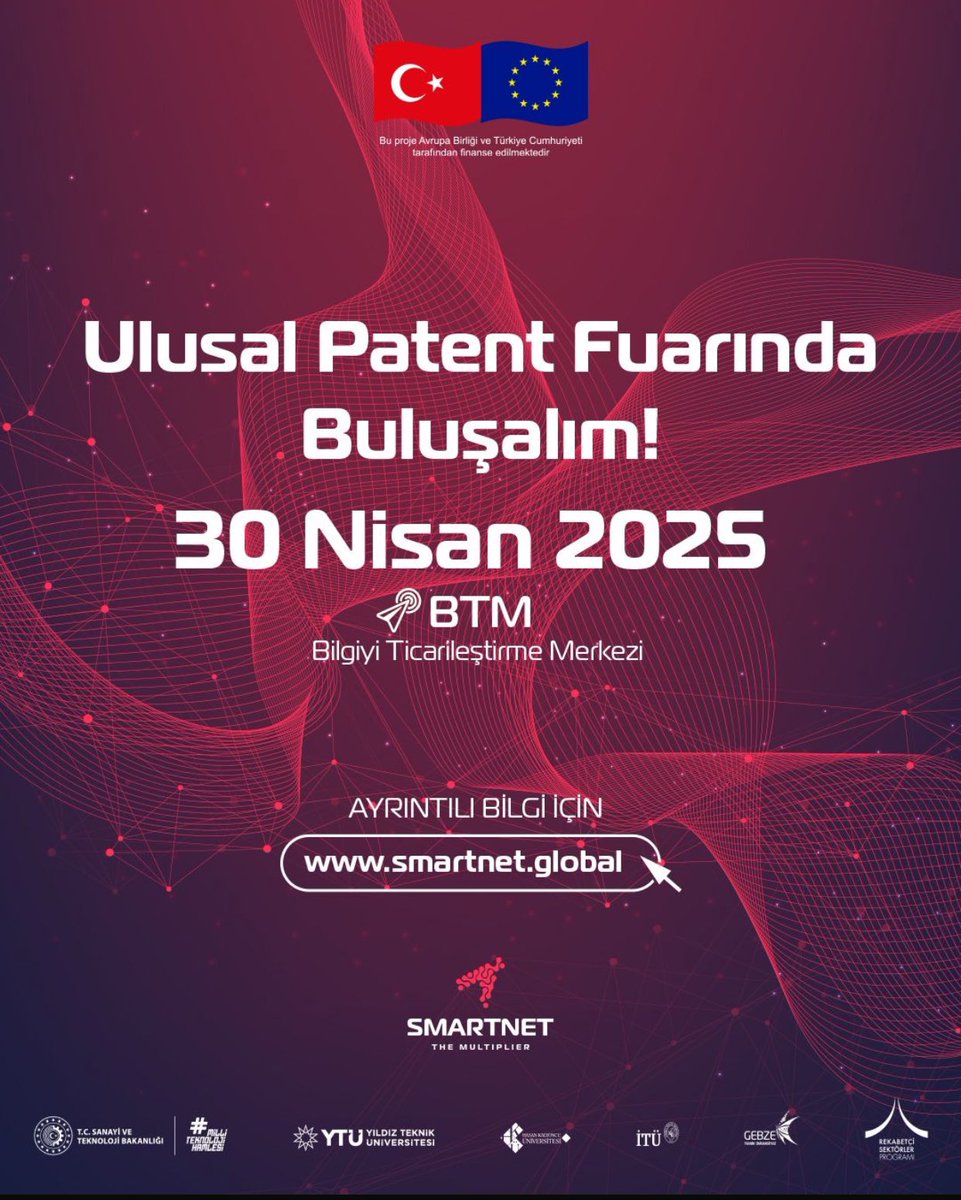 SMARTNETglobal's tweet image. 30 Nisan’da SMARTNET Ulusal Patent Fuarı’nda buluşuyoruz!
Patentlerin ticarileştirilmesi, girişimci sunumları ve yatırımcı görüşmeleri sizleri bekliyor.
Geleceği şekillendiren fikirlere ortak olun!
#SMARTNET #PatentFuarı #İnovasyon