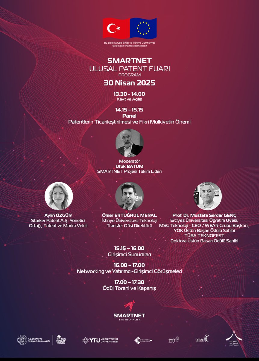 SMARTNETglobal's tweet image. 30 Nisan’da SMARTNET Ulusal Patent Fuarı’nda buluşuyoruz!
Patentlerin ticarileştirilmesi, girişimci sunumları ve yatırımcı görüşmeleri sizleri bekliyor.
Geleceği şekillendiren fikirlere ortak olun!
#SMARTNET #PatentFuarı #İnovasyon