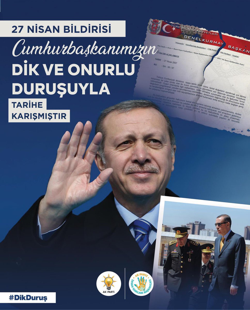 “Milletin üstünde bir güç tanımadık, tanımayız.”

Cumhurbaşkanımız Sayın Recep Tayyip Erdoğan’ın dik duruşu ve milletimizin iradesiyle 27 Nisan bildirisini tarihe gömdük.

Dün olduğu gibi bugün, yarın ve daima Cumhurbaşkanımızın yanındayız.

#DikDuruş