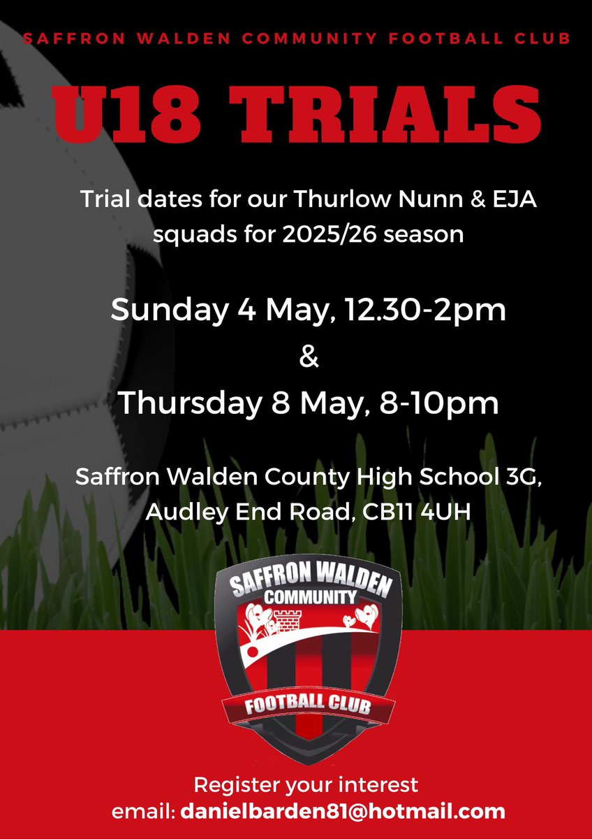 Saffron Walden Community FC (@swcommunityfc) on Twitter photo Next season our U18s will again play in the Eastern Counties Youth League and, for the first time, we’ll be entering the U18 <a href="/EJALeague/">EasternJnrAlliance</a>
Interesting in joining? We’re holding trials at <a href="/tweetswchs/">Saffron Walden County High School</a> on Sunday 4 and Thursday 8 May.
Register to attend - danielbarden81@hotmail.com Next season our U18s will again play in the Eastern Counties Youth League and, for the first time, we’ll be entering the U18 <a href="/EJALeague/">EasternJnrAlliance</a>
Interesting in joining? We’re holding trials at <a href="/tweetswchs/">Saffron Walden County High School</a> on Sunday 4 and Thursday 8 May.
Register to attend - danielbarden81@hotmail.com