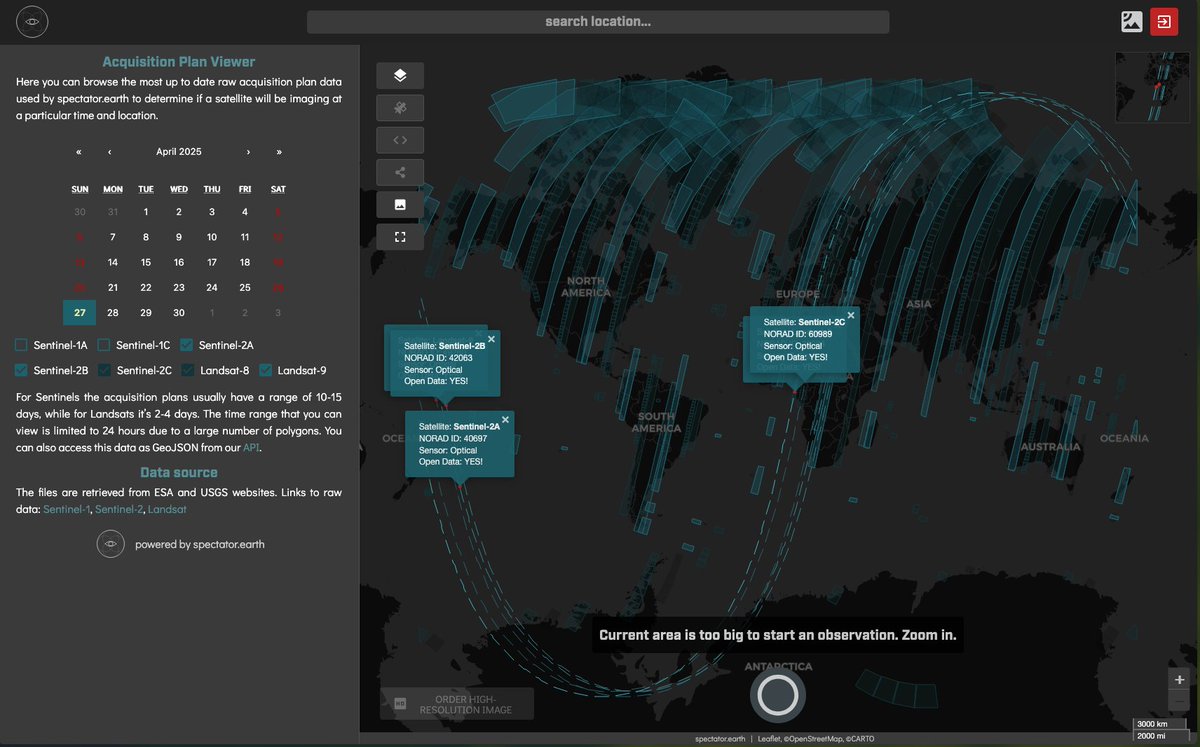 🌟 Make spectator.earth yours! Your satellite selections in the Acquisition Plan Viewer are now saved for a personalized experience. Plus, Landsat-8 data is back! Discover more in our blog. 👉 spectator.earth/blog/new-updat… #Landsat8 #SatelliteTech