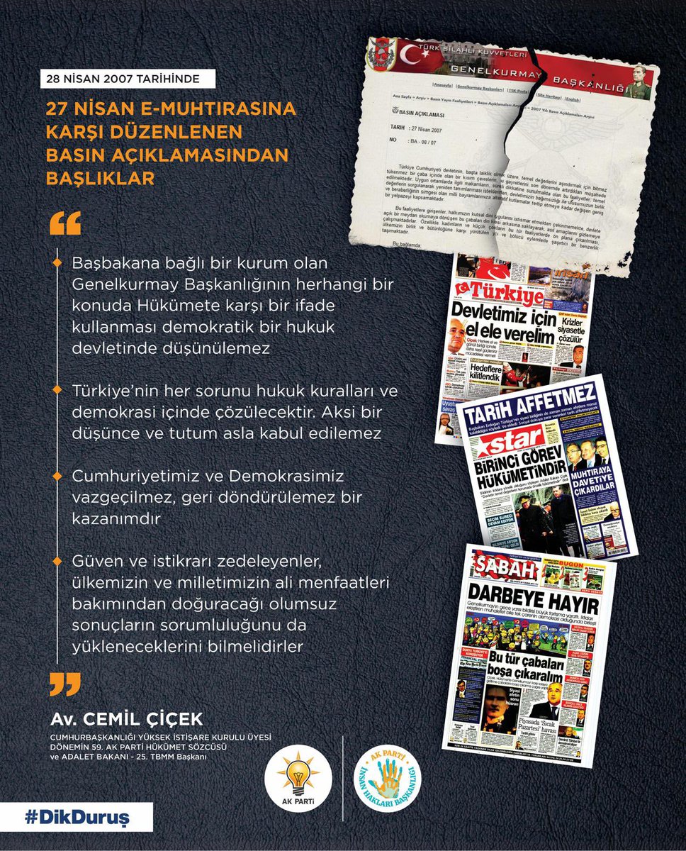 Tuğba IŞIK ERCAN (@tugbaisikercan) on Twitter photo Vesayetin kırıldığı gün, 27 Nisan...
Tek parti zihniyetinin karanlık yüzünü de, darbelerin açtığı derin yaraları da unutmadık...
Cumhurbaşkanımız Sayın <a href="/RTErdogan/">Recep Tayyip Erdoğan</a>’ın liderliğinde; vesayet odaklarına karşı dik durduk, demokrasimize ve milli iradeye sahip çıktık.
Dün olduğu Vesayetin kırıldığı gün, 27 Nisan...
Tek parti zihniyetinin karanlık yüzünü de, darbelerin açtığı derin yaraları da unutmadık...
Cumhurbaşkanımız Sayın <a href="/RTErdogan/">Recep Tayyip Erdoğan</a>’ın liderliğinde; vesayet odaklarına karşı dik durduk, demokrasimize ve milli iradeye sahip çıktık.
Dün olduğu