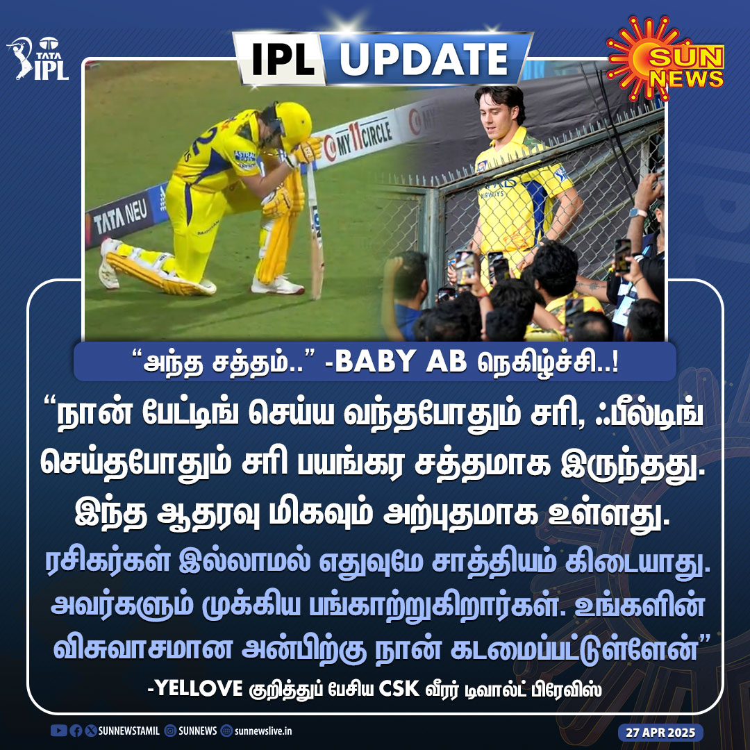 sunnewstamil's tweet photo. #IPLUpdate | "உங்களின் விசுவாசமான அன்பிற்கு கடமைப்பட்டுள்ளேன்" 

-சி.எஸ்.கே ரசிகர்களின் அன்பு குறித்து உருக்கமாக பேசிய டிவால்ட் பிரேவிஸ்

#SunNews | #CSKvsSRH | #DewaldBrevis https://t.co/tQXBdlx6DG