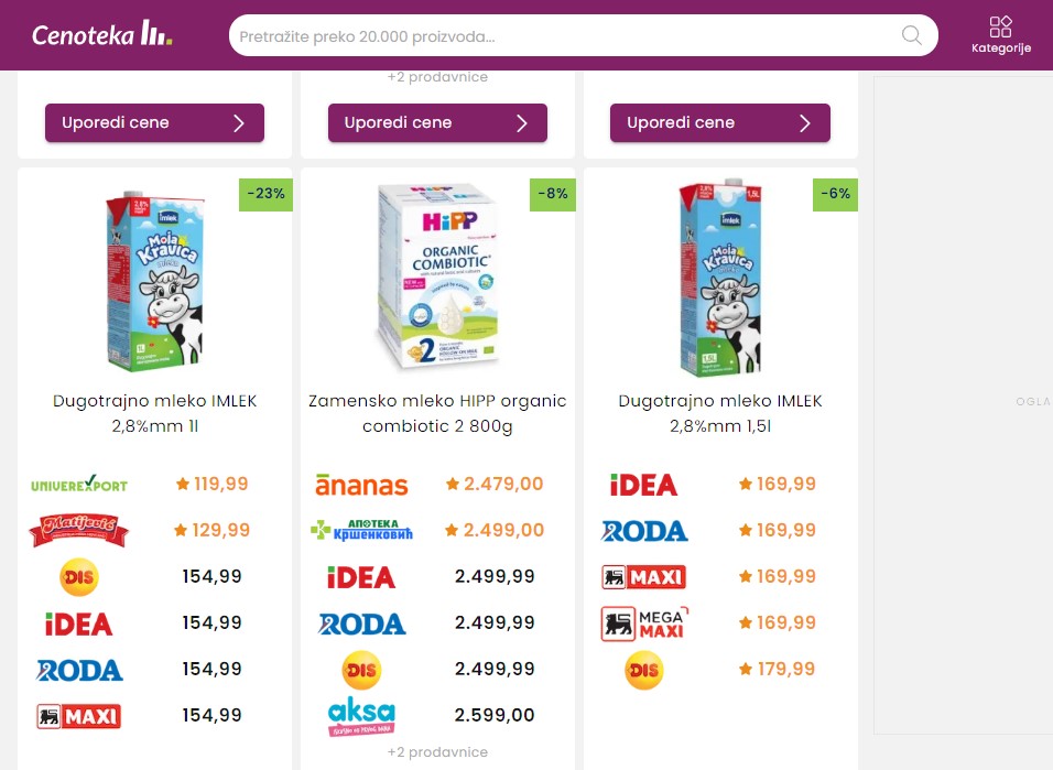 Значи едноставно е само треба да го уредат законот да не ги објавуваат ценовниците во PDF туку во HTML за да може специјализиран пребарувач да ги регистрира, пример од Република Србија
Нај евтиниот производ излегува прв потоа останатите како на топ листа
cenoteka.rs
