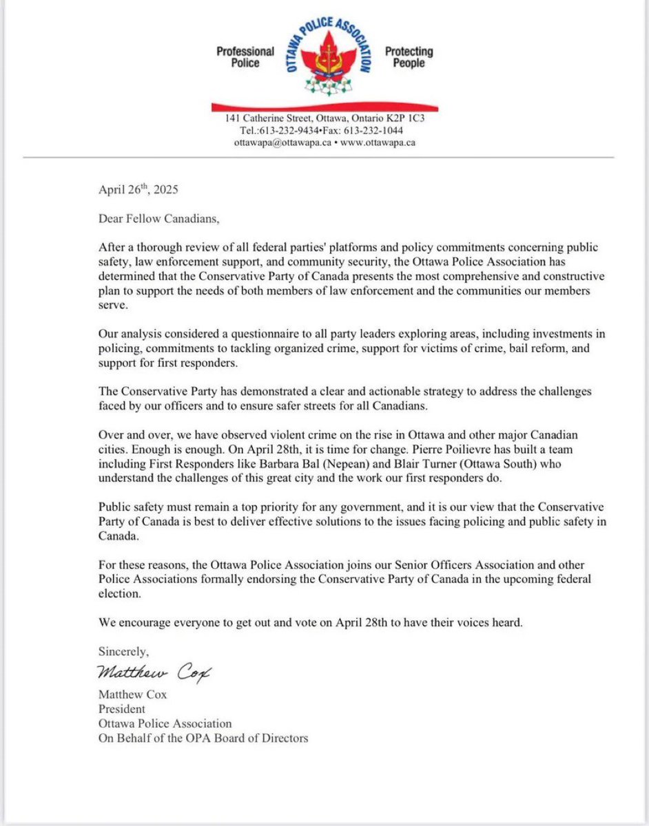 S_Andreoni's tweet image. NO POLICE OFFICERS support Liberals. Not even in @MarkJCarney ‘s riding.

Cops who try to keep criminals off Canadians streets face the daily reality that they risk their lives arresting violent criminals only to see them released overnight. ENOUGH!
#CanadaElections2025 #Canada