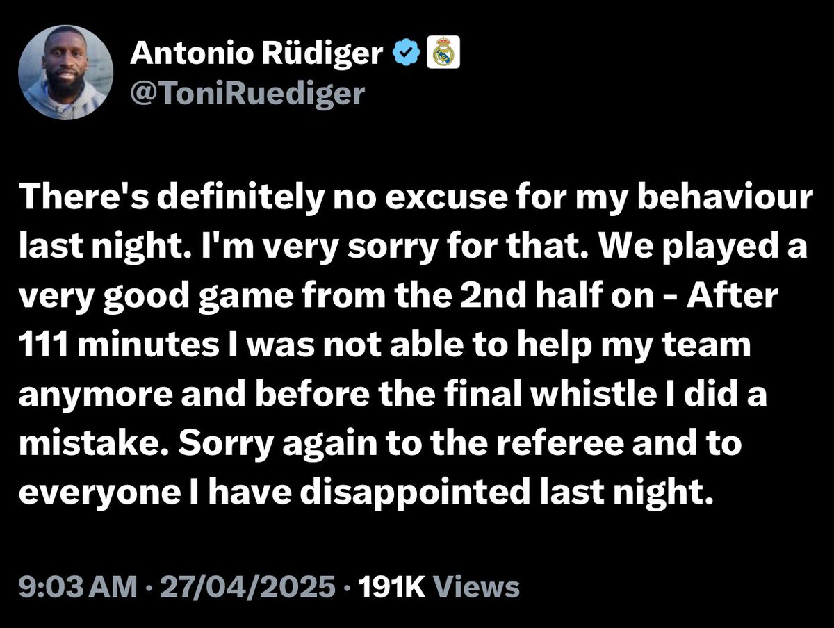 FlawlessTweetsX's tweet image. Rudiger has issued an apology .
Rudiger hat sich entschuldigt
Rudiger ha rilasciato delle scuse
Rudiger emitiu um pedido de desculpas
#SoccaBet
#RealMadrid #Barcelona #CopaDelRey #ElClasico "DRISEYTUBE SUNDAY" Rudiger Lamine Yamal Brahim "drill and rosey the blueprint"MendyJokic