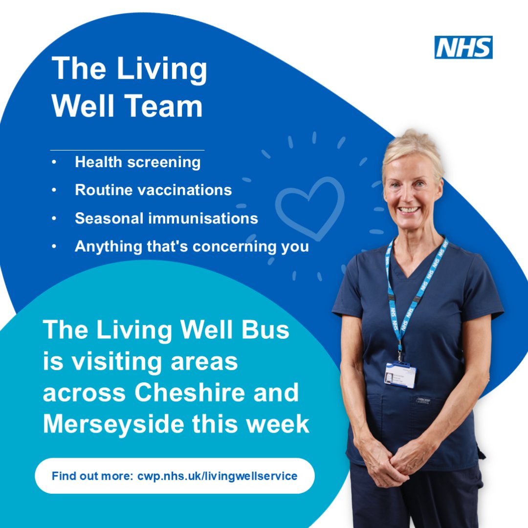 The Living Well Service is in Cheshire and Merseyside this week, offering The COVID-19 vaccine, and all routine UK immunisations including MMR and physical health checks. For dates/locations: bit.ly/3Ywzf91