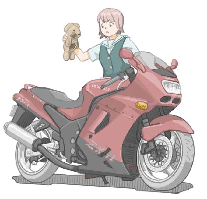 うっかりお気に入りのぬいぐるみで愛車を拭いてしまった女子です。 (カワサキ Ninja ZX-11)【再掲】 #バイクJK #イラスト