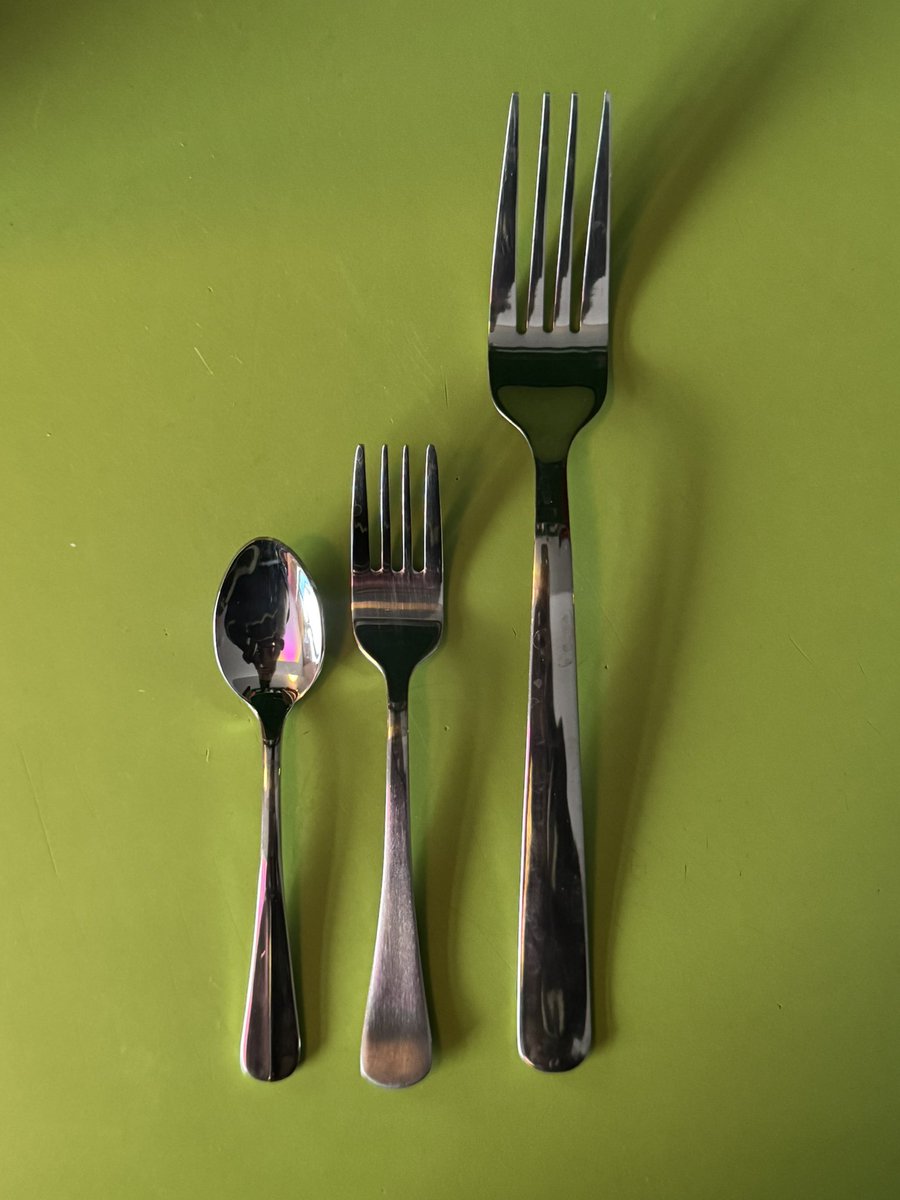 ethelcainsaveme's tweet image. these are the most perfectly sized utensils to EVER exist. i placed a normal fork for scale :3