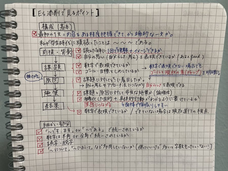 aya_jinnji's tweet photo. ESが通過しない26卒へ【セルフES添削】
26卒から「ES添削して欲しいけど相手がいない」と相談が来ました。

大手内定者に
『セルフES添削をする時に見ているポイント』をメモで纏めてもらいました。 https://t.co/Z7Wc9KzMCQ