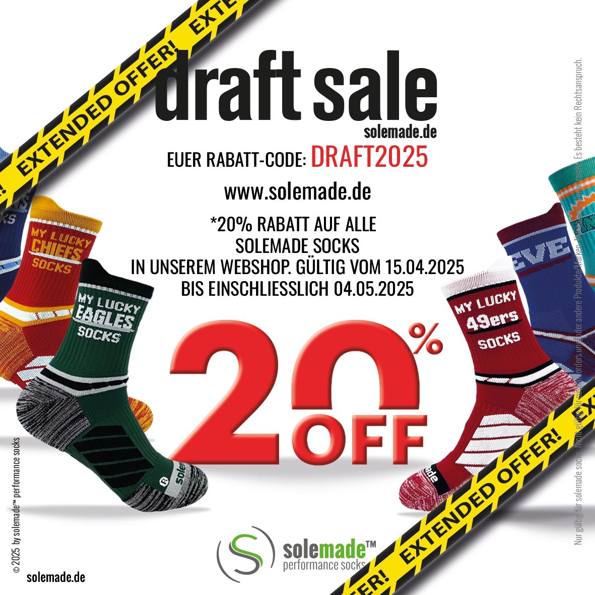#draftsale - Wir haben unseren Draft-Sale bis einschließlich 04.05.2025 verlängern - 20% Rabatt auf alle solemade-styles.

Rabatt-Code:   DRAFT2025

solemade.de/performance-so…

- - -
#solemade #athleticsocks #wedocustom #customsocks #teamsocks #teamwear #nfl #solemade #gotsocks?