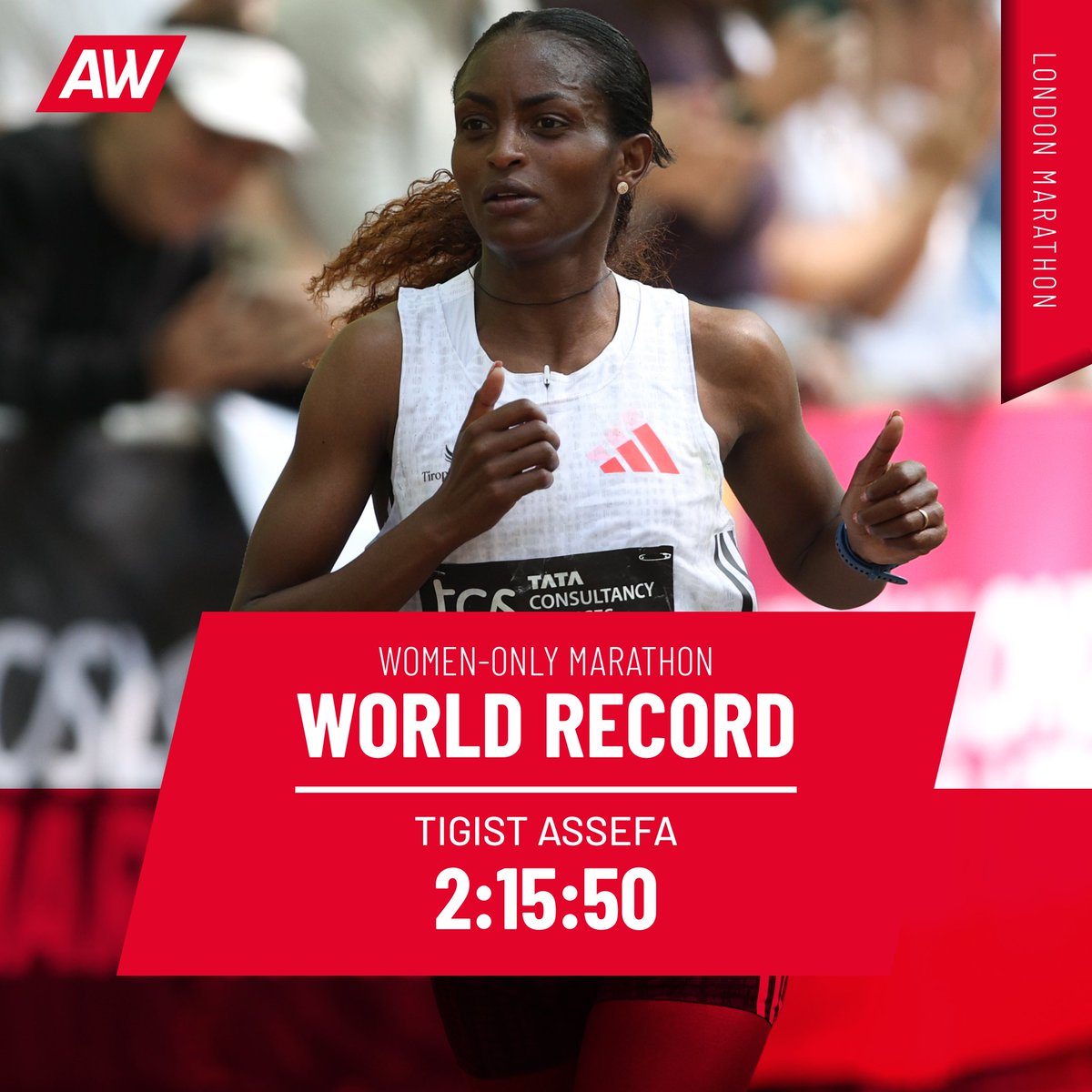 AthleticsWeekly's tweet photo. WORLD RECORD (women-only) 

Tigist Assefa has set a women-only world record of 2:15:50 (previous was 2:16:16) to become the 2025 London Marathon champion 🔥

The Olympic silver medallist wins by an incredible two minutes and 53 seconds in the British capital 🇪🇹 https://t.co/dFFvp9B6Ha