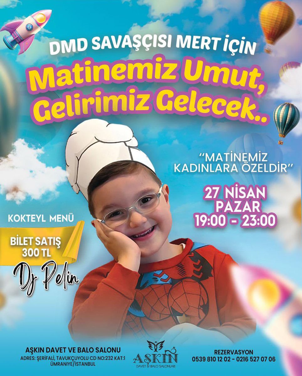 Bugün umutlarımızı büyütmek için buluşuyoruz🎈
DMD savaşçısı Mert için düzenlediğimiz matinemizde sen de bizimle ol
Her adım, Mert’in geleceği için bir umut, bir ışık olacak.
Saat 19:00’da Aşkın Davet’te buluşuyoruz 💃