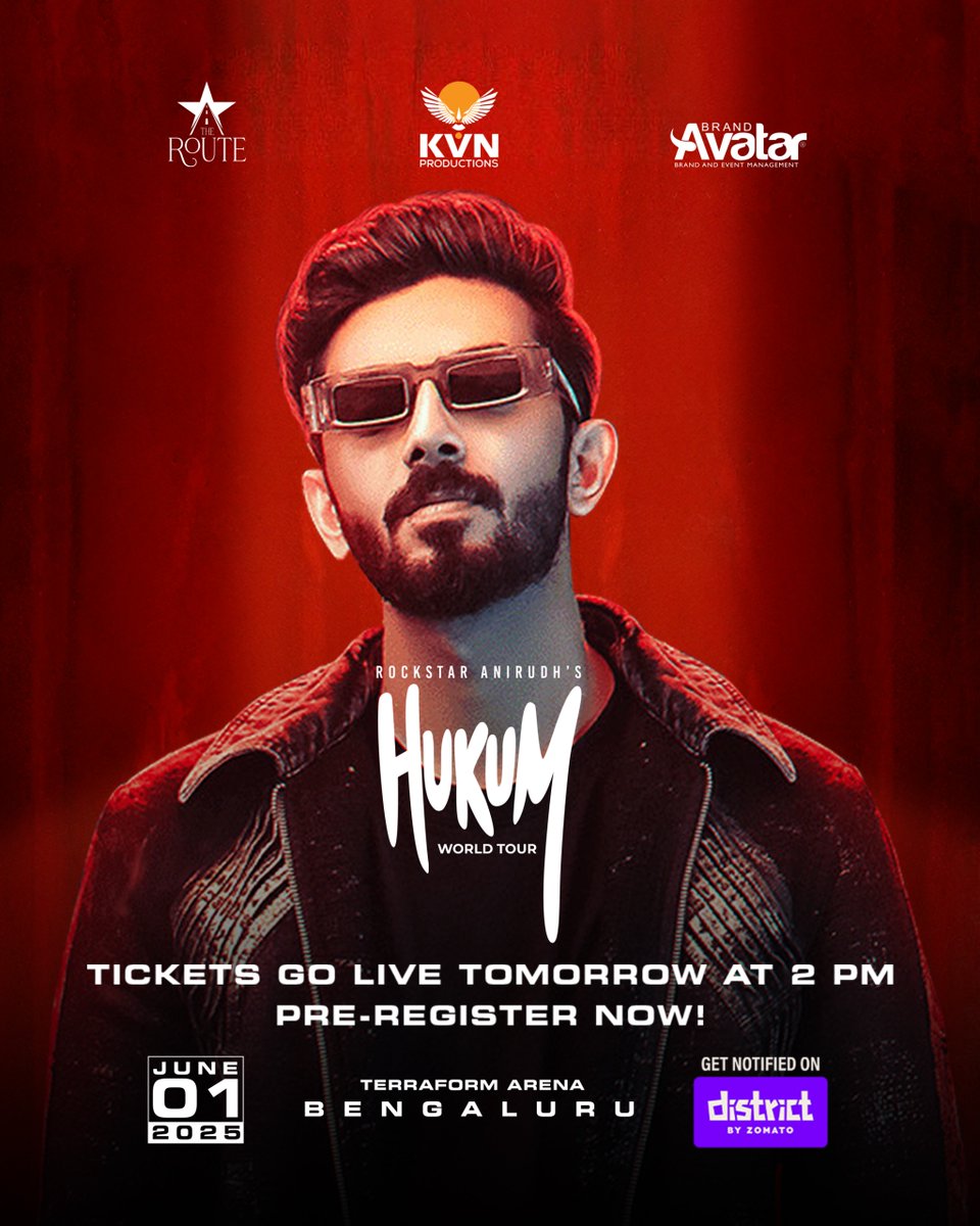 Brand Avatar (@brandavatar) on Twitter photo Ready to roar for Round 2 of <a href="/anirudhofficial/">Anirudh Ravichander</a>’s #Hukum? 🔥
🎟️ Tickets go live TOMORROW, 2 PM!
Pre-reg open now 👉 link.district.in/DSTRKT/HukumBe…
<a href="/KvnProductions/">KVN Productions</a> <a href="/TheRoute/">TheRoute</a> <a href="/Jagadishbliss/">Jagadish</a> <a href="/LohithNK01/">Lohith NK</a> <a href="/Hem_chandran/">Hemachandran</a> Ready to roar for Round 2 of <a href="/anirudhofficial/">Anirudh Ravichander</a>’s #Hukum? 🔥
🎟️ Tickets go live TOMORROW, 2 PM!
Pre-reg open now 👉 link.district.in/DSTRKT/HukumBe…
<a href="/KvnProductions/">KVN Productions</a> <a href="/TheRoute/">TheRoute</a> <a href="/Jagadishbliss/">Jagadish</a> <a href="/LohithNK01/">Lohith NK</a> <a href="/Hem_chandran/">Hemachandran</a>