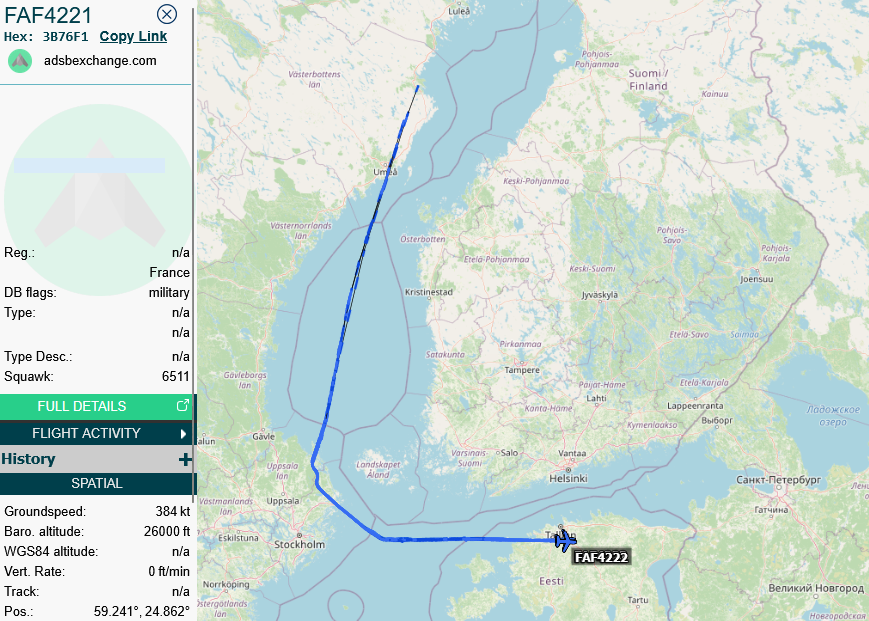 SirListenalot's tweet photo. Yesterday three French #RFAL #Rafale #FAF4221-4223 departed Kallax, Sweden. After a fly-by they set course to Estonia to work the Keskpolรผgoon https://t.co/e4ik60KMwT