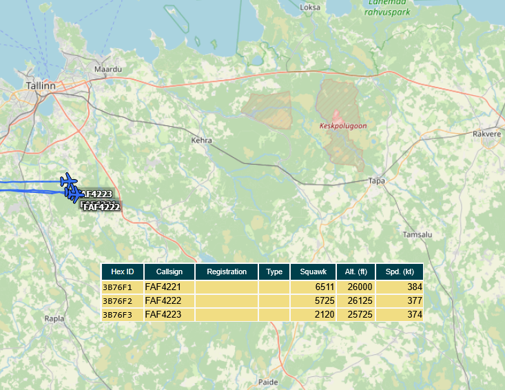 SirListenalot's tweet photo. Yesterday three French #RFAL #Rafale #FAF4221-4223 departed Kallax, Sweden. After a fly-by they set course to Estonia to work the Keskpolรผgoon https://t.co/e4ik60KMwT