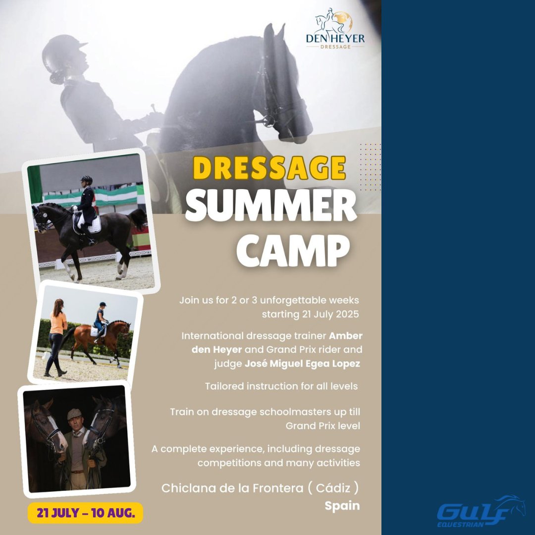 GulfEquestrian's tweet photo. 🚨🚨 Announcement By: @denheyerdressage 🚨🚨 

Dressage training in Spain! ☀️🇪🇸 

With two renowned trainers and an assortment of upper level schoolmaster horses available, there is so much to do and learn from! https://t.co/lKON4aYFU1