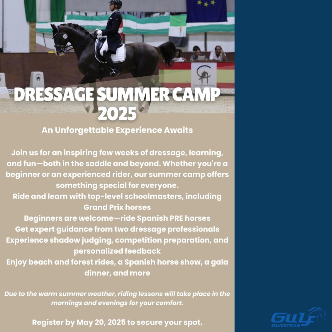 GulfEquestrian's tweet photo. 🚨🚨 Announcement By: @denheyerdressage 🚨🚨 

Dressage training in Spain! ☀️🇪🇸 

With two renowned trainers and an assortment of upper level schoolmaster horses available, there is so much to do and learn from! https://t.co/lKON4aYFU1