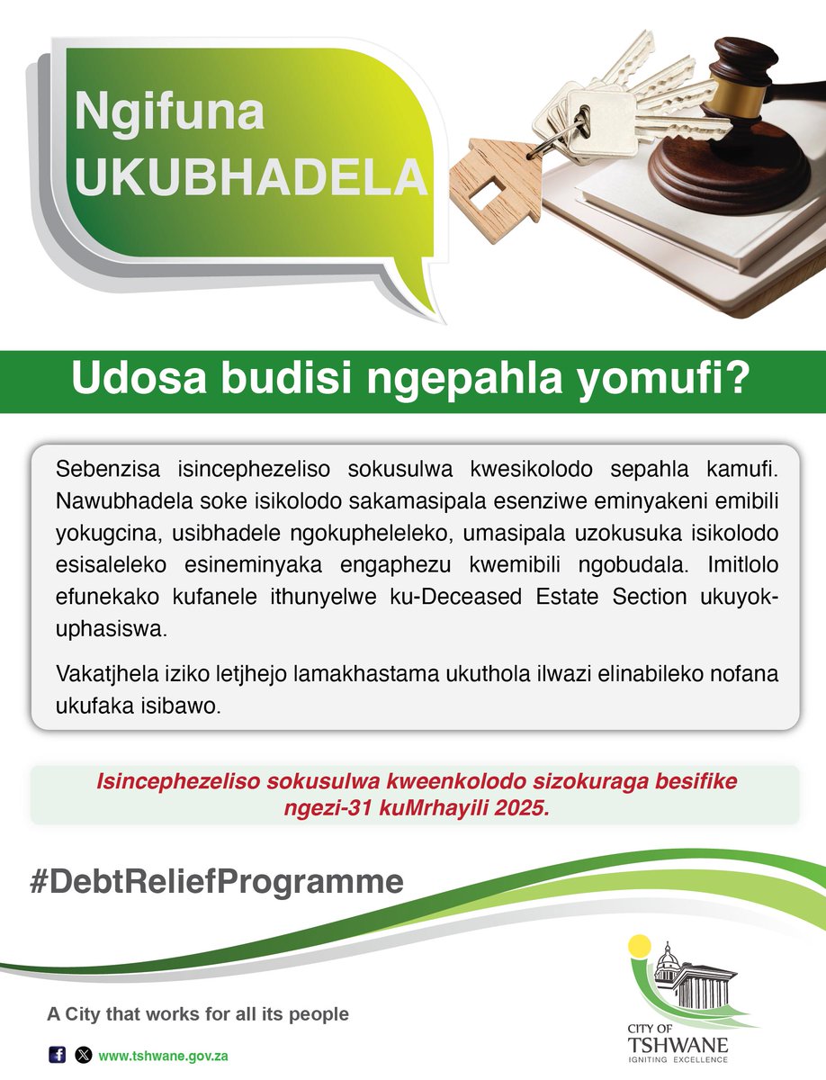 CityTshwane's tweet photo. Struggling with a deceased estate? Make use of the estate debt incentive. #DebtReliefProgramme https://t.co/jLmsp9tf50