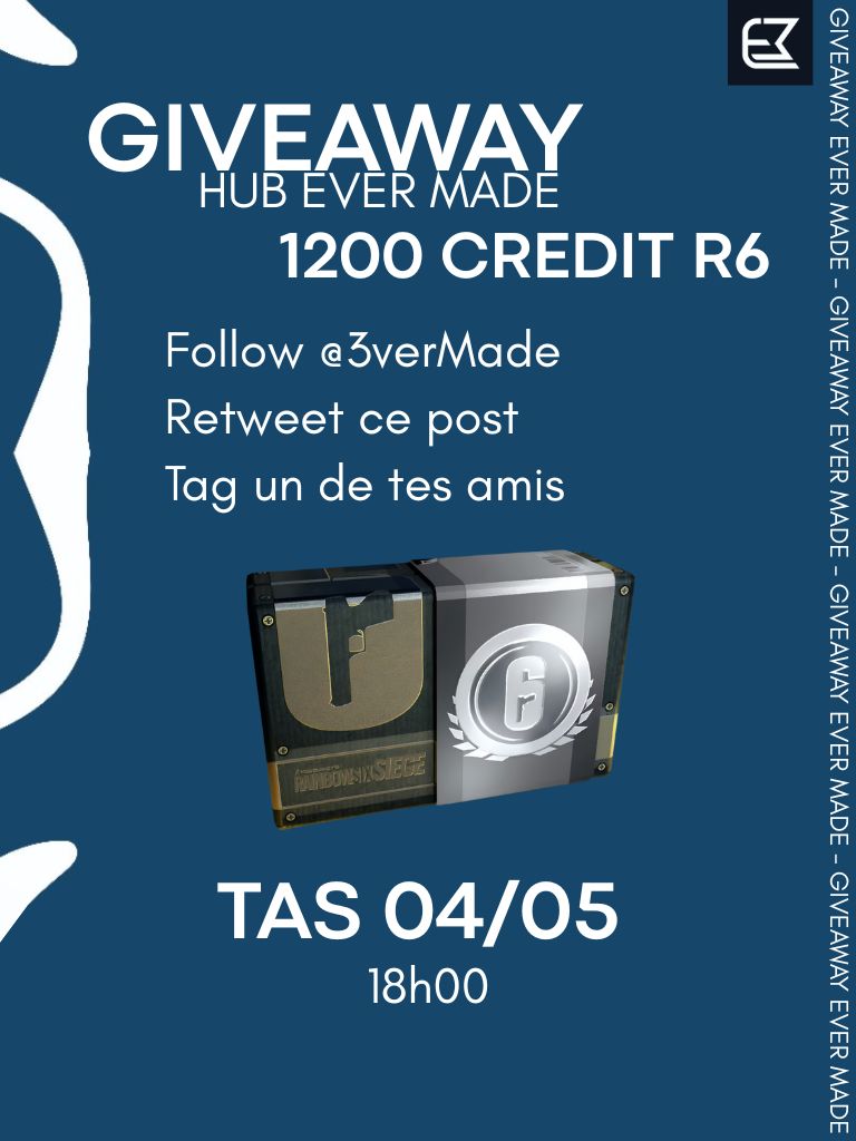 À l’occasion de la fin prochainement des premières saisons des Hub 1 &amp; 2, nous mettons en place un giveaway pour gagner :

🎁 1200 crédits R6 (9,99€)

Pour valider votre participation :
✅ Follow <a href="/3verMade/">Ever Made</a>
🔁 Retweet
🗨️ @ Un de tes amies

⚠️ TAS le 04/05 à 18h

Bonne chance 😆